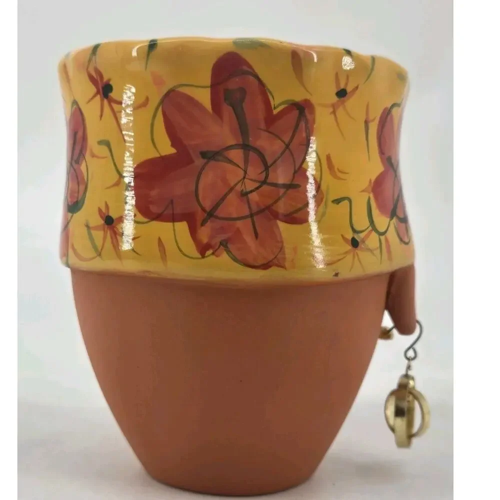Vtg Whimsical Bird Brain 2005 Terra Cotta Lady Turban Planter Pot Head Yellow